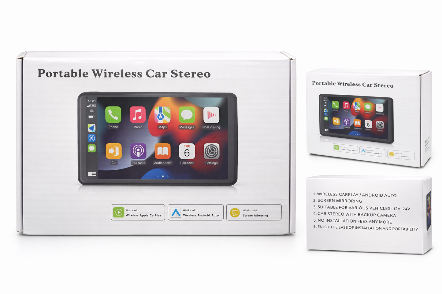 Portable Wireless Car Stereo w/Apple CarPlay & Android Auto (12V–24V Compatible)
