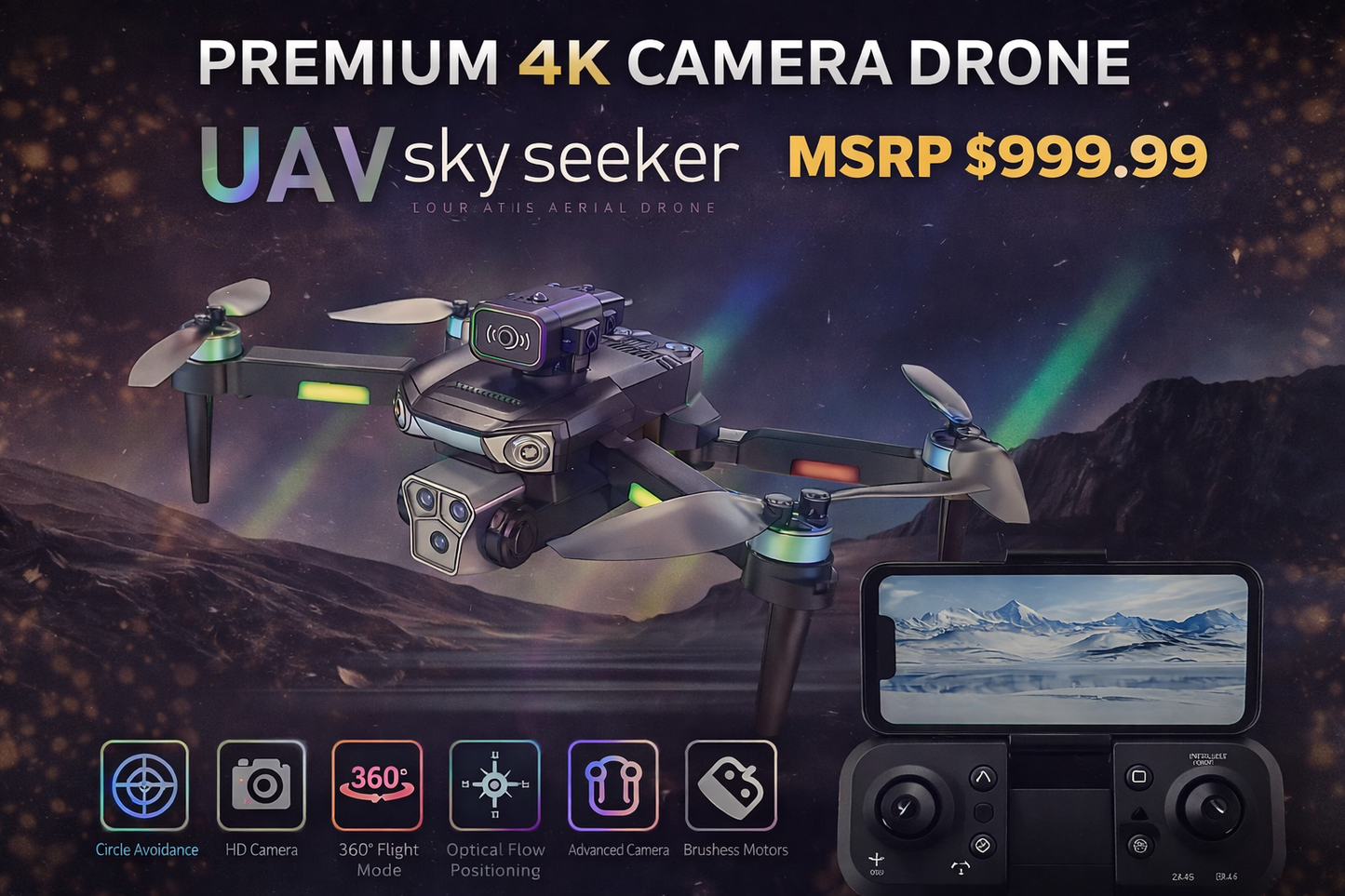 UAV Sky Seeker 2.4G Intelligent Aerial Drone – HD Camera, Obstacle Avoidance, 360° Flip
