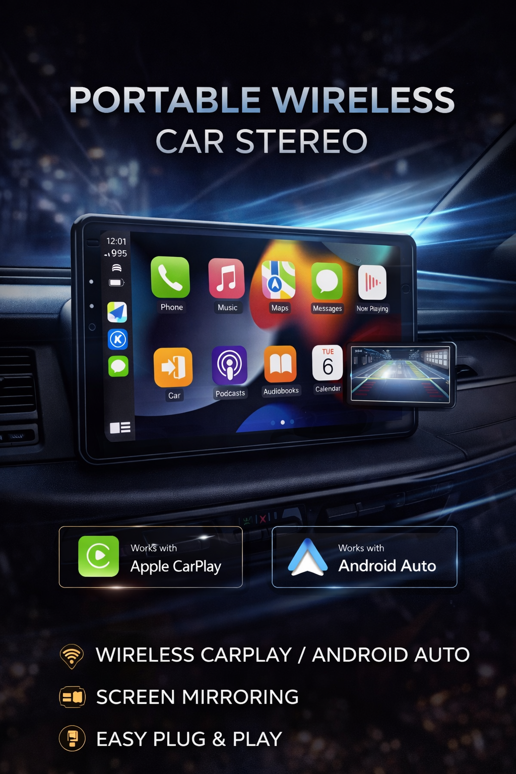 Portable Wireless Car Stereo w/Apple CarPlay & Android Auto (12V–24V Compatible)