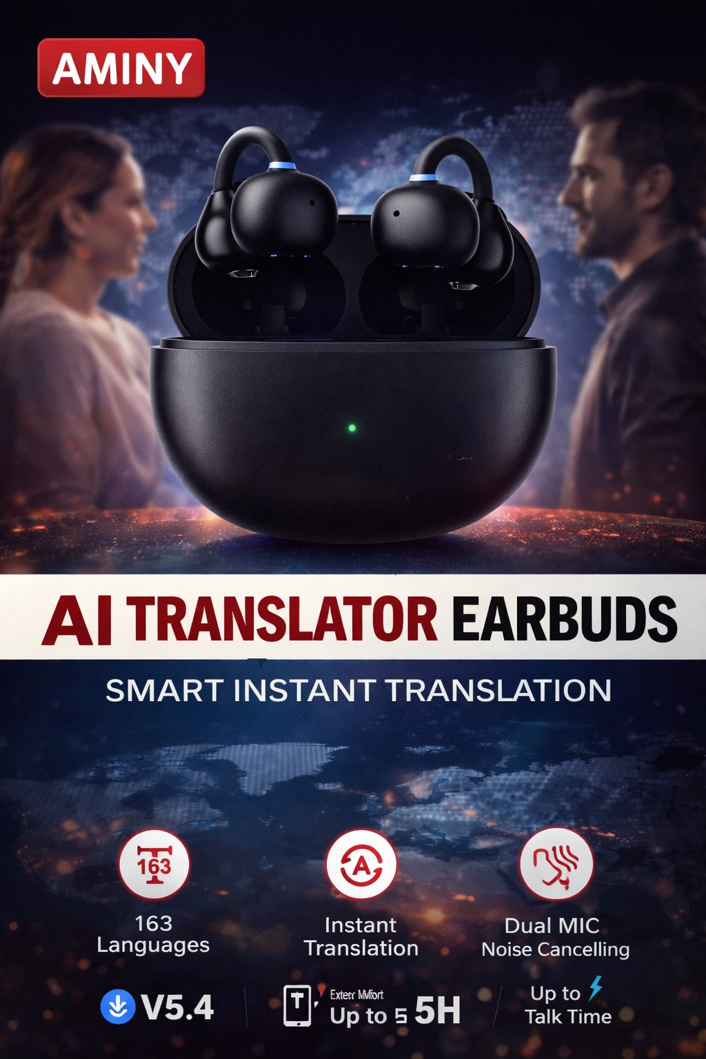 AI Translator Earbuds Wireless 163 Languages Instant Translation